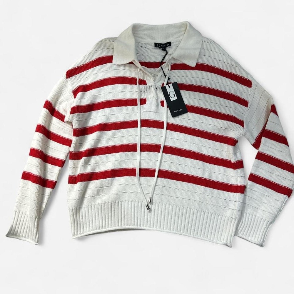 NWT Greige Nautical Striped Lace-Up V-Neck Knit Sweater